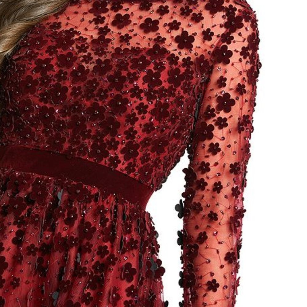 Mac Duggal Floral Applique Cocktail Dress Dark Red Burgundy Velvet Mesh 14 - Picture 3 of 7